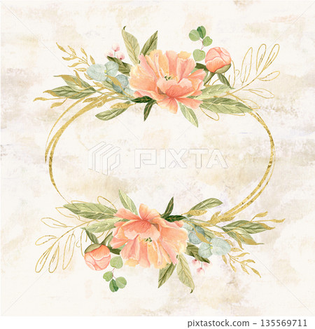 Peach peonies, eucalyptus, gold oval accents on beige textured background. Hand-painted watercolor floral frame. Ideal for wedding invitations, stationery layouts, branding and elegant card designs. 135569711