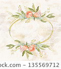 Peach peonies with pink berries and eucalyptus arranged in an elegant gold oval frame, hand-painted botanical illustration on beige textured background, ideal for wedding stationery, invitations. Art 135569712