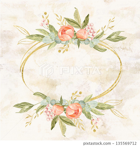 Peach peonies with pink berries and eucalyptus arranged in an elegant gold oval frame, hand-painted botanical illustration on beige textured background, ideal for wedding stationery, invitations. Art Peach peonies with pink berries and eucalyptus arranged in an elegant gold oval frame, hand-painted botanical illustration on beige textured background, ideal for wedding stationery, invitations. Art 135569712