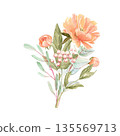 Peony eucalyptus berries bouquet in soft peach tones watercolor illustration isolated on white. Hand-painted with high detail, perfect for wedding invitations, branding, packaging, fabric design cards 135569713