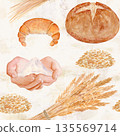 Crescent roll, round bread, wheat grains, flour sack. Seamless watercolor pattern on beige background with perfect for bakery packaging, kitchen textiles, menu design, wrapping paper, rustic food 135569714