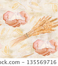 Flour in cupped hands, golden sheaf of wheat watercolor seamless pattern on textured beige background. Natural bakery theme, warm tones, ideal for packaging, branding, menus, and artisan food projects 135569716