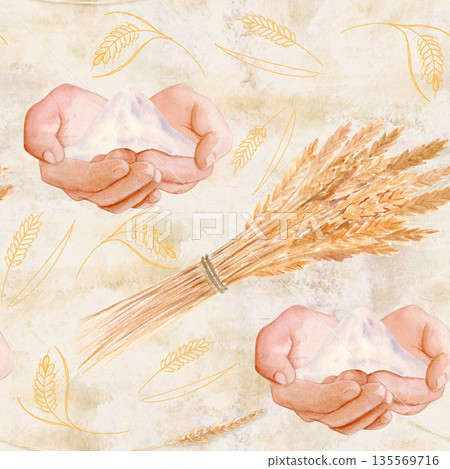 Flour in cupped hands, golden sheaf of wheat watercolor seamless pattern on textured beige background. Natural bakery theme, warm tones, ideal for packaging, branding, menus, and artisan food projects 135569716