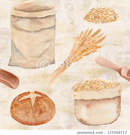 Rustic bread, wheat, flour bags, and wooden scoops. Hand-painted watercolor seamless pattern on textured beige. Farmhouse style clipart perfect for bakery branding, packaging, textile or kitchen decor Rustic bread, wheat, flour bags, and wooden scoops. Hand-painted watercolor seamless pattern on textured beige. Farmhouse style clipart perfect for bakery branding, packaging, textile or kitchen decor 135569717