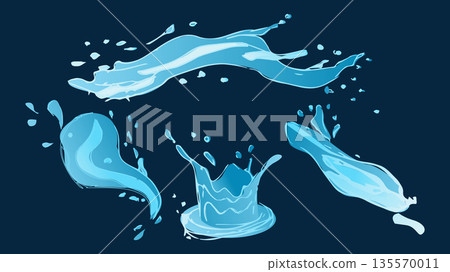 Dynamic liquid water splash with falling droplet, crashing sea wave and swirling eddies. For advertising web design or marketing visuals. Vector illustration. Dynamic liquid water splash with falling droplet, crashing sea wave and swirling eddies. For advertising web design or marketing visuals. Vector illustration. 135570011