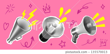 Halftone Megaphone Pop Art Collage Set with Hand Drawn Arrows Crown Sparkles Swirls. Loudspeaker Paper Cut Icons and Doodles on Pink Bg for Social Media Marketing Announcement. Vector Illustration Halftone Megaphone Pop Art Collage Set with Hand Drawn Arrows Crown Sparkles Swirls. Loudspeaker Paper Cut Icons and Doodles on Pink Bg for Social Media Marketing Announcement. Vector Illustration 135570013