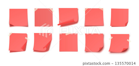 Red Sticky Notes Set with Curl Folded Corners, Tape and Soft Shadows on White Background. Realistic Empty Paper Memo Template for Planning Reminder. Clean Note Sticker Collection. Vector Illustration 135570014