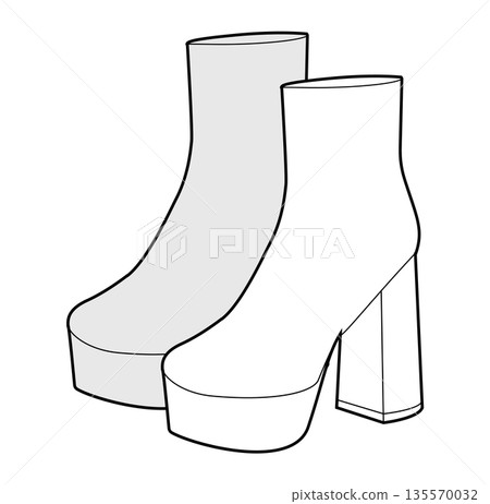 Chunky platform block ankle boot women sketch pair. Oversized sole with stacked heel for winter, fashion. Technical  135570032