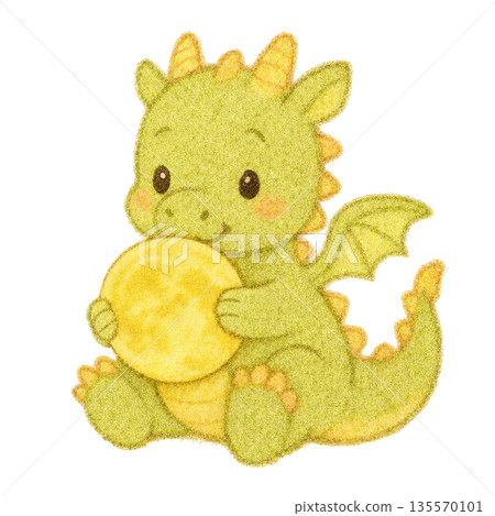 色鉛筆畫，描繪了一條龍手捧滿月。 135570101