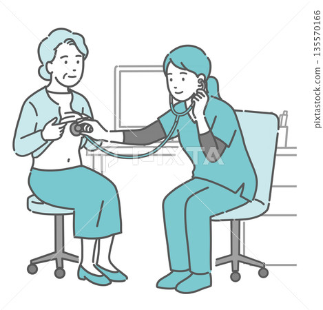 圖示：一名身穿手術服的女醫護人員（醫師/護理師）正在為一位老年婦女進行聽診和檢查。 135570166