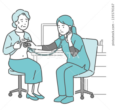 插圖描繪了一位滿頭大汗的老婦人正在接受聽診器檢查,旁邊是一位身穿手術服、表情嚴肅的女醫護人員。 插圖描繪了一位滿頭大汗的老婦人正在接受聽診器檢查,旁邊是一位身穿手術服、表情嚴肅的女醫護人員。 135570167