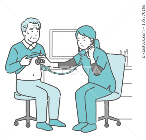 Illustration of a sweaty elderly man receiving a stethoscope and a female medical professional in a scrub with a serious expression 135570169
