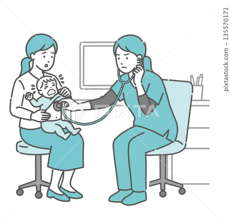 Illustration of a female medical professional in a scrub examining a crying baby and an anxious mother Illustration of a female medical professional in a scrub examining a crying baby and an anxious mother 135570171