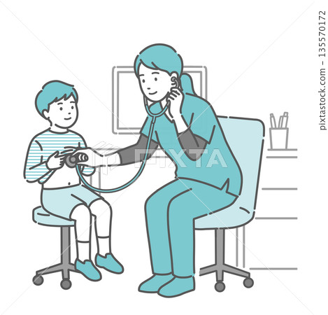 Illustration of a boy being auscultated and examined by a female medical professional (doctor/nurse) wearing a scrub 135570172