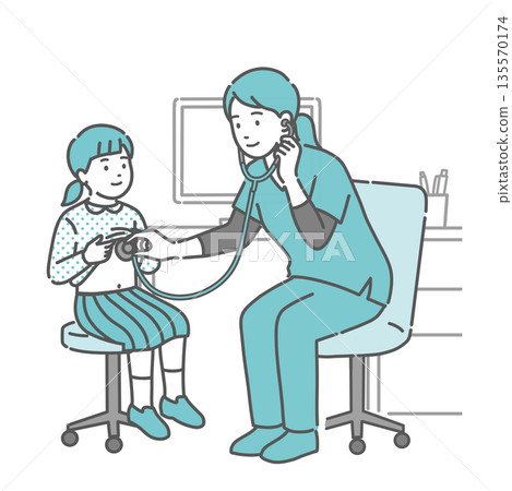 Illustration of a girl being auscultated and examined by a female medical professional (doctor/nurse) wearing a scrub Illustration of a girl being auscultated and examined by a female medical professional (doctor/nurse) wearing a scrub 135570174