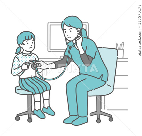 Illustration of a girl with a cold sweat receiving a stethoscope and a female medical worker in a scrub with a serious expression Illustration of a girl with a cold sweat receiving a stethoscope and a female medical worker in a scrub with a serious expression 135570175