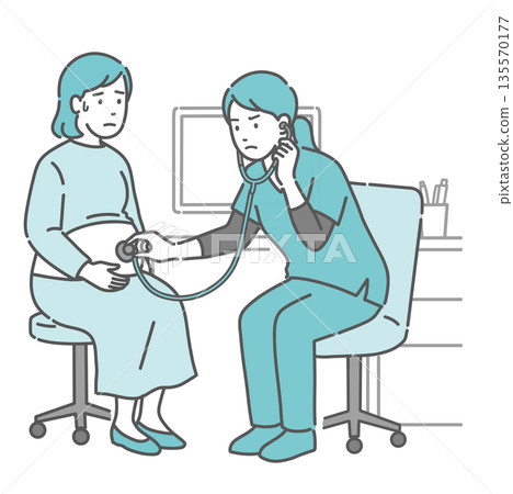 Illustration of a pregnant woman with a cold sweat receiving a stethoscope and a female medical professional in a scrub with a serious expression Illustration of a pregnant woman with a cold sweat receiving a stethoscope and a female medical professional in a scrub with a serious expression 135570177