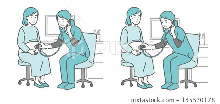 Auscultation illustration set of pregnant women by female medical professionals (doctors and midwives) wearing scrubs (normal, abnormal, unwell) Auscultation illustration set of pregnant women by female medical professionals (doctors and midwives) wearing scrubs (normal, abnormal, unwell) 135570178