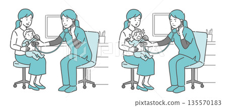 Auscultation illustration set of a baby and mother by a female medical professional (doctor/nurse) wearing a scrub (normal/abnormal/body 135570183