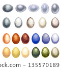 Colorful watercolor Easter eggs. Large set of monochrome hand-drawn illustrations in a realistic style on a white background for Easter promotional materials, invitations, cards, labels, and menus 135570189