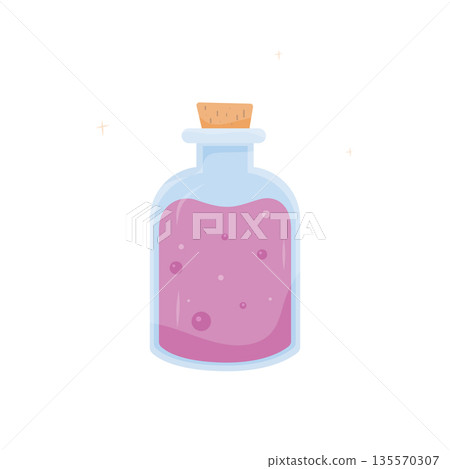 Glass bottle filled with pink liquid and cork stopper in a whimsical illustration style 135570307