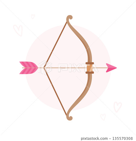 Bow and arrow illustration with pink arrow and heart accents for romantic themes 135570308
