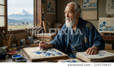 A portrait of the world-famous ukiyo-e artist Katsushika Hokusai (creator of Thirty-six Views of Mount Fuji and Hokusai Manga) 135570437