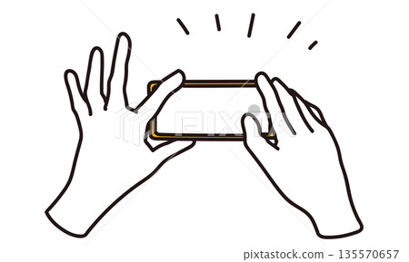 Line drawing illustration of a hand taking a photo with a smartphone Line drawing illustration of a hand taking a photo with a smartphone 135570657