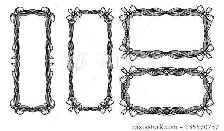 Hand drawn decorative frames and borders set featuring ribbons and bows for wedding invitations 135570737