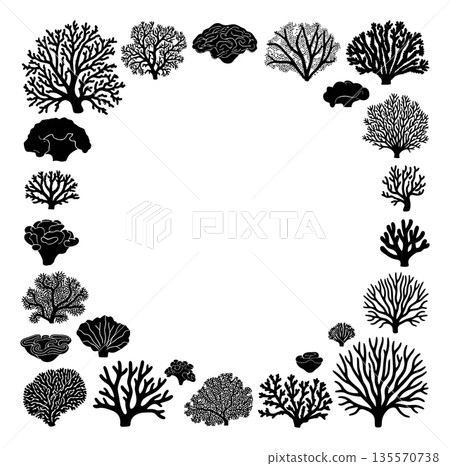 Hand drawn black coral set featuring various marine reef formations including brain coral for ocean and underwater themed designs 135570738