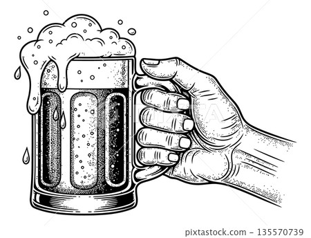 Hand drawn line art illustration of a hand holding a frothy beer mug depicting overflowing foam and bubbles for bar and brewery branding 135570739