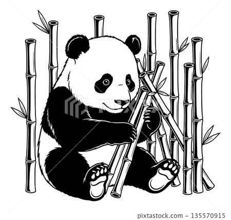 Hand drawn line art illustration of a panda depicting eating bamboo for wildlife conservation projects Hand drawn line art illustration of a panda depicting eating bamboo for wildlife conservation projects 135570915