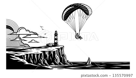 Line art illustration of a paraglider flying near a lighthouse depicting extreme sports for coastal adventure 135570997