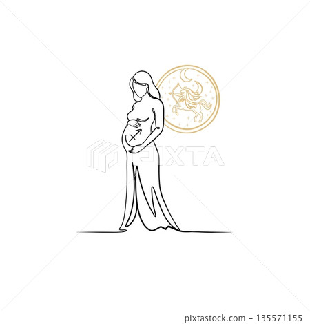 Minimalist continuous line art illustration of a pregnant woman with gold celestial Sagittarius archer centaur emblem and moon. 135571155