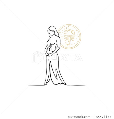 Minimalist continuous line art illustration of a pregnant woman with Scorpio zodiac symbol and gold celestial scorpion emblem. 135571157