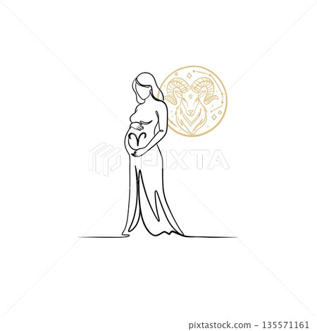 Minimalist continuous line art illustration of a pregnant woman with Aries zodiac symbol and gold celestial ram emblem. 135571161
