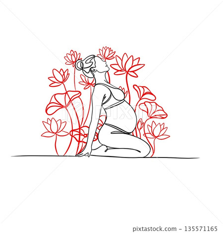 Minimalist continuous line art illustration of a pregnant woman practicing yoga with floral elements. Concept of motherhood, calm, balance Minimalist continuous line art illustration of a pregnant woman practicing yoga with floral elements. Concept of motherhood, calm, balance 135571165