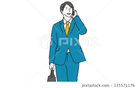 Illustration material of a male business person walking while talking on a smartphone 135571176