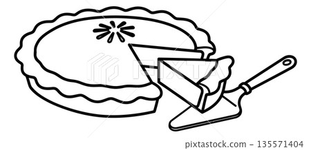 Hand drawn line art illustration of a pie and a slice being served for dessert 135571404