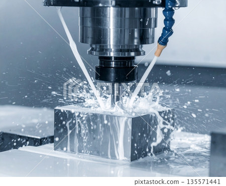 A high-precision CNC milling machine is cutting a solid metal A high-precision CNC milling machine is cutting a solid metal 135571441