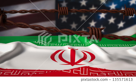 United States and Iran Tension Under Sanctions and Geopolitical Conflict Concept 3d render. United States and Iran Tension Under Sanctions and Geopolitical Conflict Concept 3d render. 135571613