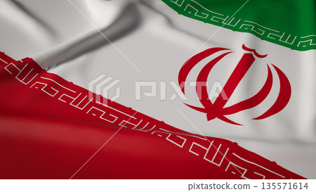 Iran National Flag Over Dry Cracked Land Symbolizing Drought and Economic Crisis 3d render. Iran National Flag Over Dry Cracked Land Symbolizing Drought and Economic Crisis 3d render. 135571614
