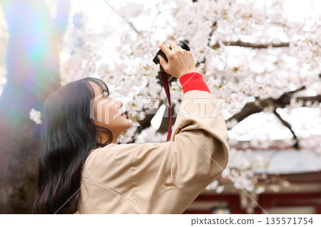 Portrait of a young Asian woman enjoying cherry blossom viewing 135571754