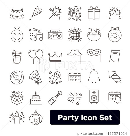 Party and celebration icon set: Events, birthdays, and decorations 135571924