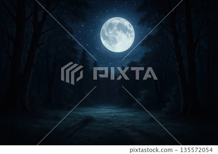 Night scene featuring a full moon illuminating a dark forest with tall trees and a clear sky filled with stars 135572054