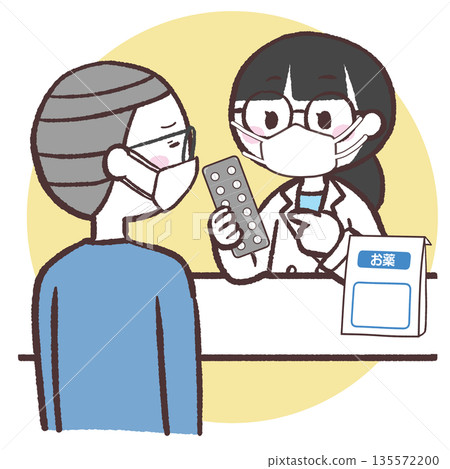 圖解:一位戴著口罩的老年男子正在接受用藥指導 圖解:一位戴著口罩的老年男子正在接受用藥指導 135572200