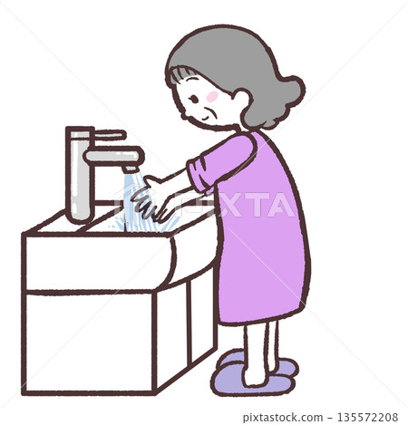 Illustration of a senior woman washing her hands Illustration of a senior woman washing her hands 135572208