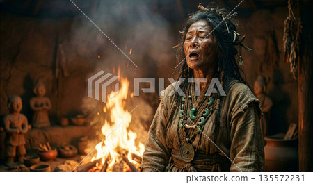 描繪卑彌呼（Himiko）——這位統治邪馬台國的神秘巫女女王——的畫像和祭祀儀式圖像。 135572231