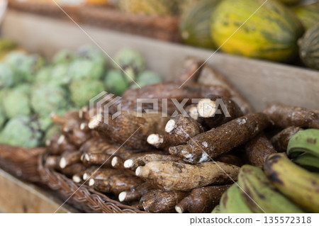 Yucca roots lie on counter of grocery store Yucca roots lie on counter of grocery store 135572318