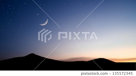 Islam Moon Star Night Isra miraj Namaz Desert Sunset Background Mubaruk Greeting Islam Ramadan Element Masjid Aqsa Hajj Kaaba Umrah Eid Arabian Religion Islamic Arab Muslim Greeting Miraj Kaaba. 135572345